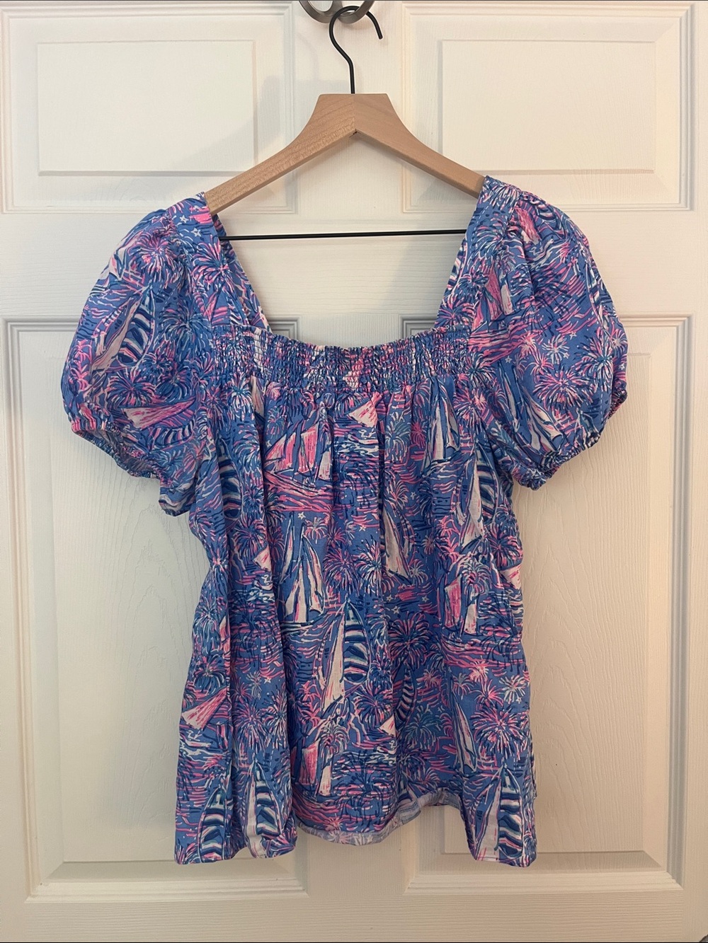 Lilly Pulitzer Blue & Pink Smocked Off-Shoulder Top